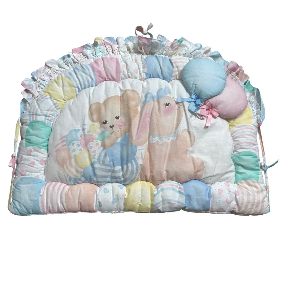 VTG 80s Pastel Teddy‎ Bear Bunny Cushion Pillow Wall Hanging 24x18 3D Balloons